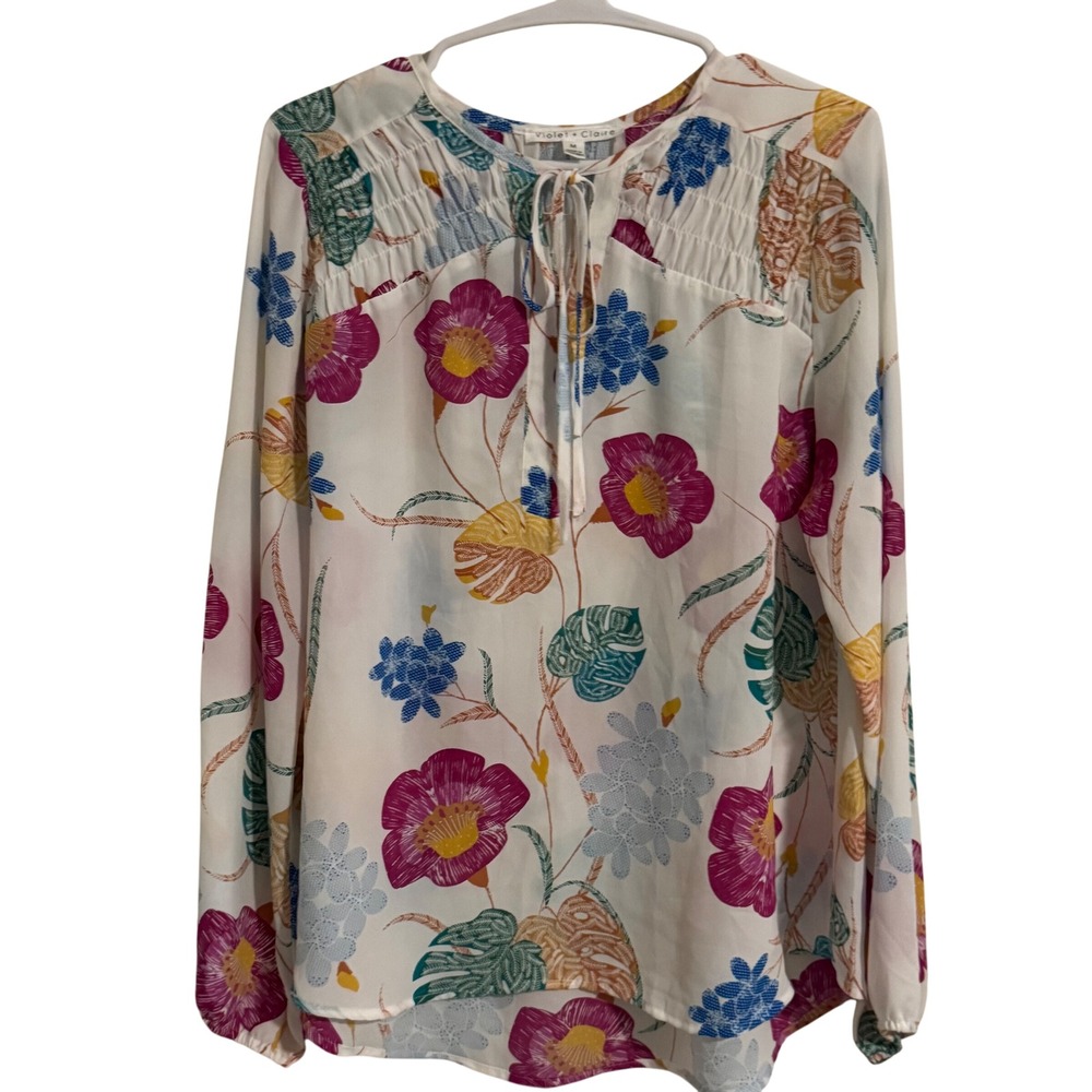 Violet + Claire Floral Smocked Tie Neck Blouse White Magenta Blue Yellow Medium